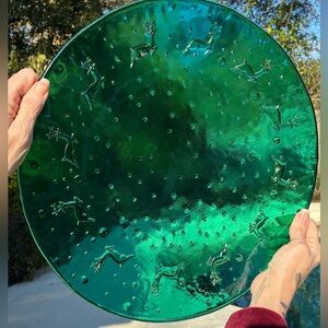 Vintage Marshall Fields Teal Emerald Reindeer Glass Charger Platter 14”